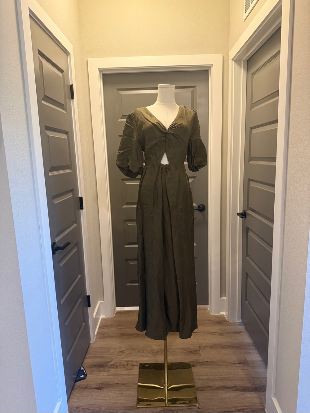 Anthropologie Olive Green Twist-Front Jumpsuit with Puff Sleeves